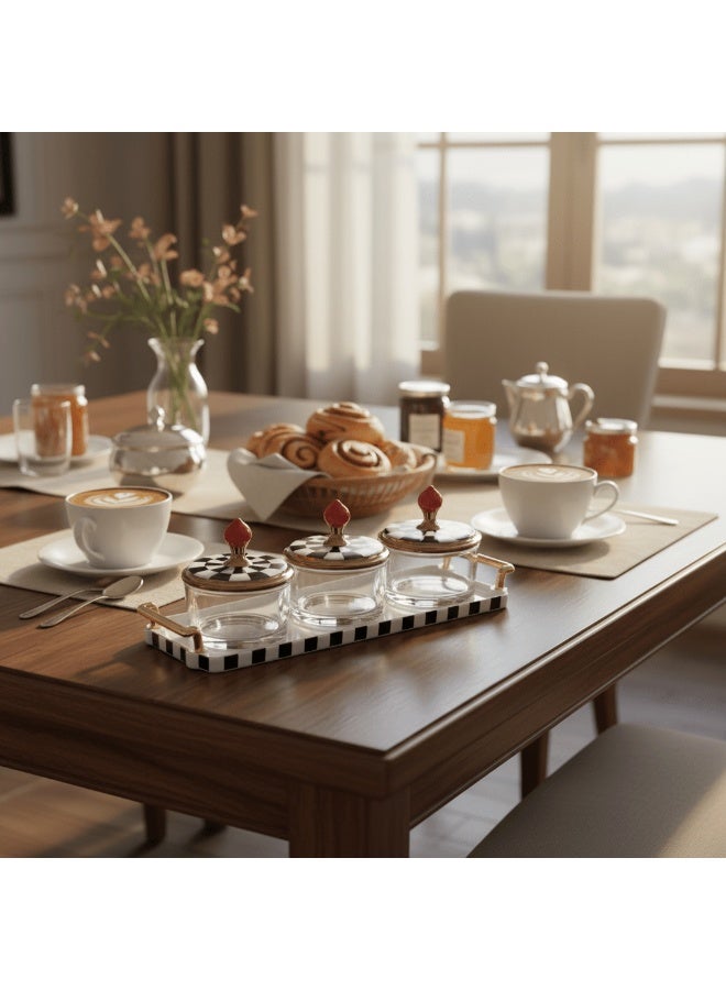 ماي فلاور طقم أوعية حلوى من الزجاج والسيراميك من مايفلاور مع صينية - 3 قطع، طقم تقديم وجبات خفيفة باللونين الأسود والأبيض (8*10 سم لكل وعاء) - Image 2